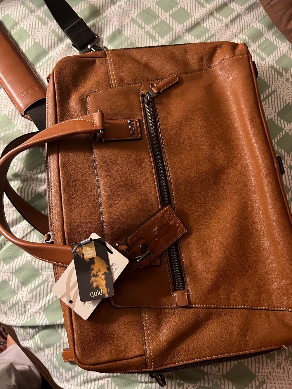 Men's Tan Leather Laptop Briefcase with Gold Accents